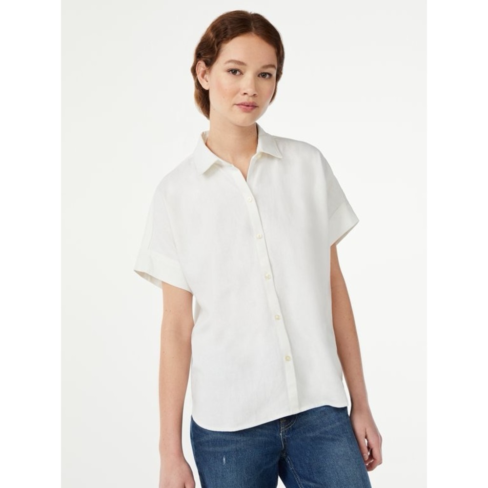Free Assembly Linen Blend Button Down Shirt with Short Sleeves